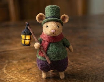 Barney the Winter Watcher - Needle Felted Mouse - The Whiskered Chronicles Collectible - Handmade Wool Art Mouse with Lantern and Scarf