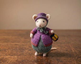 Violet Twilight Guide - Needle Felted Mouse - Whiskered Chronicles Collectible - Handmade Wool Art Mouse with Lantern in Purple