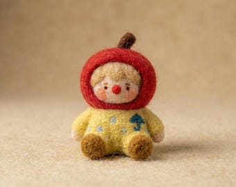 Handmade Needle Felted Doll, Raincoat Gnome, Apple Hat Doll, Giraffe Costume Figurine, Cute Desk Decor, Whimsical Felt Gift