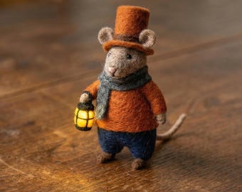 Jasper the Lantern-Bearer - Needle Felted Mouse - The Whiskered Chronicles Collectible - Handmade Wool Art Mouse with Glowing Lantern Gift