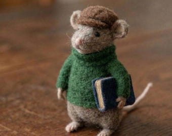 Barnaby the Researcher - Needle Felted Mouse - The Whiskered Chronicles Collectible - Handmade Wool Art Mouse with Blue Book