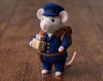 Chester the Courier - Needle Felted Mouse - Whiskered Chronicles Collectible Wool Art - Postman Mouse with Parcels Gift