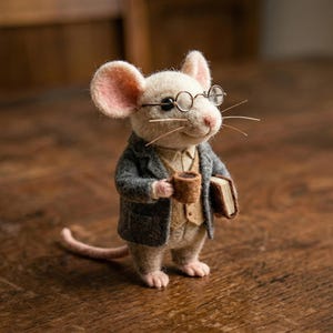May include: A handcrafted felt mouse figurine wearing a gray blazer, vest, and glasses, holding a small brown mug and a book. The mouse has pink ears and a long tail, standing on a wooden surface.