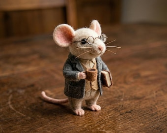 Professor Thaddeus - White Mouse with Glasses Coffee and Book - Whiskered Chronicles Collectible - Handmade Wool Art Gift