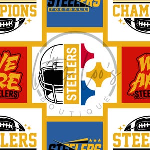 May include: A repeating pattern fabric design featuring the Pittsburgh Steelers football team logo, a white helmet, and football graphics. The color palette includes yellow, red, blue, black, and white. Text includes Steelers, Champions, and We Are Steelers.