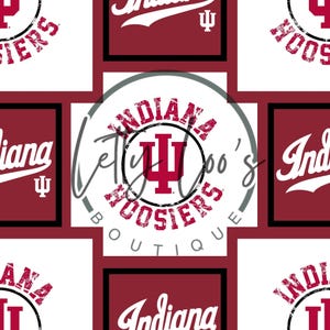 May include: A seamless pattern featuring the Indiana Hoosiers logo and text in crimson red and white on a white background. The design includes the team's logo and the word "Indiana" in a stylized font.