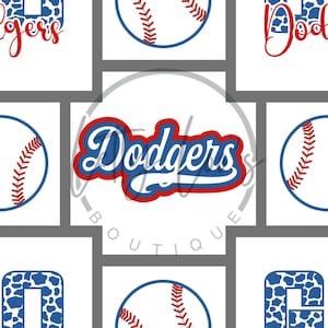 May include: A repeating pattern featuring the word Dodgers in blue script with a red outline, interspersed with white baseballs with red stitching and blue outlines, and blue and white cow print letter blocks on a white background.