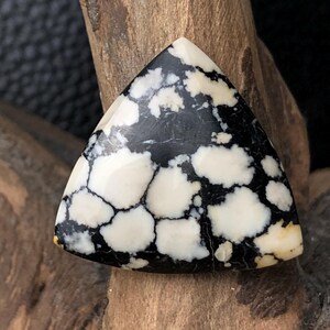 Può includere: Una gemma triangolare con un motivo sorprendente di nero e bianco. Le sezioni bianche assomigliano a nuvole su uno sfondo scuro. La pietra lucidata ha una superficie liscia, che mostra variazioni naturali.