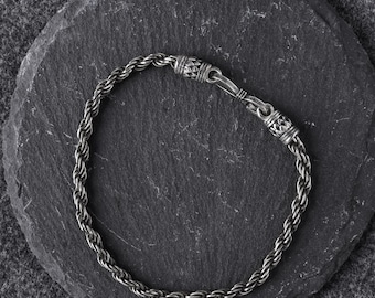 925 Sterling Silver Anklet, Braided Rope Chain Anklet, Vintage Oxidized Silver Jewelry, Unisex Gothic Foot Jewelry