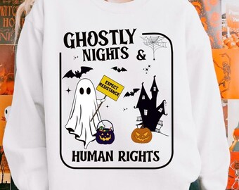 Ghostly Nights and Human Rights Comfort Colors Shirt, Leftist Halloween Crewneck, Liberal Tee