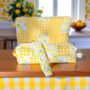 Lemonade Edition – Quilted Zipper Pouches & Bundle | Patchwork Pencil Case, Zippy Pouch with Charm, Wristlet Add-On | Handmade Gift Set