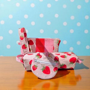 Strawberry Fields Edition – Quilted Zipper Pouches & Bundle | Patchwork Pencil Case | Wristlet Cat Coin Pouch with Charm Wristlet Add-On