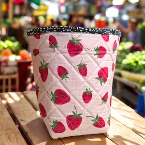 Pick Me Bin Handmade Quilted Strawberry Fabric and Foam Storage Bin – Reversible Organizer Basket 6x6x9