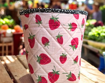 Strawberry Quilted Foam Fabric Basket, Large Handmade Reversible Organizer 6x6x9