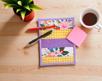 Floral Coffee Quilt Patchwork Mug Rug - Handmade Yellow and Lavender Desk Decor