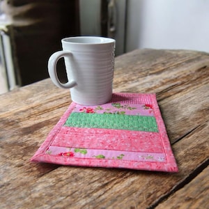 Coffee Quilt – Quilted Mug Rug in Pink & Green |Handmade |Custom Fabric Options | Free Shipping | Small Batch Decor for Desk or Kitchen