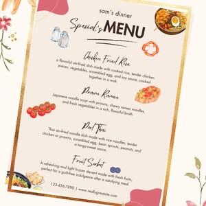 Plantillas de menú estéticas y modernas para cenas, restaurantes, bodas y cafeterías.