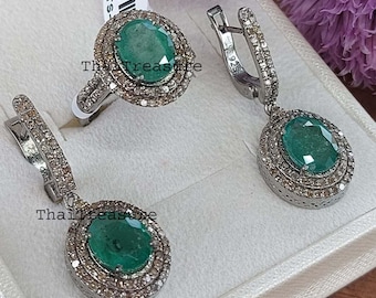 Set di gioielli con orecchini ad anello con smeraldo naturale e diamanti, argento Sterling 925, regalo di compleanno, regalo di anniversario