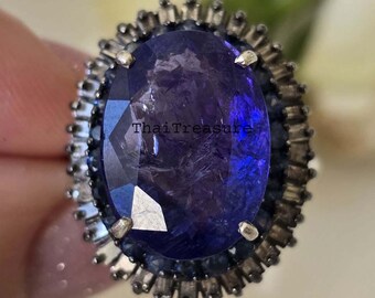 Natural Tanzanite & Sapphire Halo Ring, 925 Sterling Silver Multi Stone Statement Jewelry With Diamond