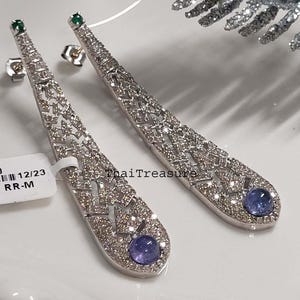 Natürliche Tansanit, Smaragd Edelstein & Diamant Ohrring 925 Silber Schmuck, Geschenk Freundin