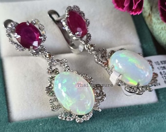 Boucle d'oreille en argent sterling 925 avec opale d'Éthiopie naturelle, rubis et diamants, bijoux d'anniversaire, cadeau meilleur ami