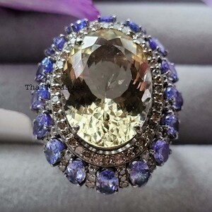 Natürlicher Heliodor Diamant Halo Statement Ring, 925 Sterling Silber Tansanit Multi Stein Cocktail Schmuck