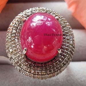 Anillo de cóctel con rubí solitario natural, plata de ley 925 con halo de diamantes pavé, joyería de declaración