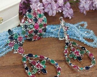 Natural Emerald, Ruby & Sapphire Jewelry Set, Sterling 925 Silver Ring Earrings, Gift for Daughter