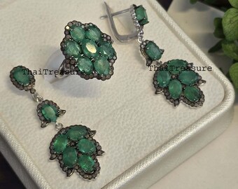 Set di gioielli con orecchini ad anello con smeraldo naturale e diamanti, argento Sterling 925, regalo per anniversario di matrimonio
