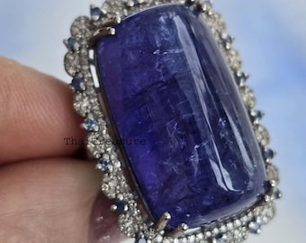 Natural Solitaire Tanzanite Diamond Satement Ring, 925 Sterling Silver Sapphire Multi Stone Cocktail Jewelry