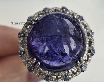 Natural Tanzanite Diamond Halo Ring, 925 Sterling Silver Sapphire Multi Stone Statement Jewelry