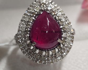 Natural Ruby Gemstone & Diamond Handmade Ring, Sterling 925 Silver Partywear Cocktail Jewelry Gift