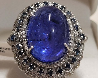 Natural Tanzanite & Sapphire Multi Stone Ring With Pave Diamond, 925 Sterling Silver Statement Jewelry