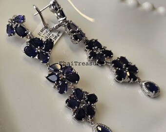 Natural Iolite Gemstone Dangle Earring, 925 Sterling Silver Blue Kyanite & Diamond Jewelry