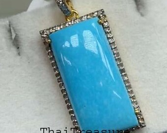 Natural Turquoise & Pave Diamond Sterling 925 Silver Pendant, Wife Anniversary Gift, Statement Handmade Jewelry