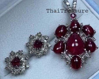 Natural Ruby & Diamond Earring Pendant Jewelry Set, Sterling 925 Silver, Wedding Anniversary Gift
