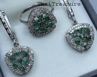 Set di gioielli con orecchini ad anello con smeraldo naturale e diamanti, argento Sterling 925, regalo di nozze, regalo di compleanno