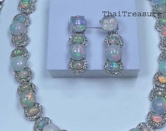 Conjunto de collar y pendientes de plata de ley 925 con ópalo etíope natural y diamantes, regalo de aniversario para esposa