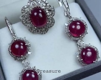 Natural Ruby & Diamond Jewelry Set, Sterling 925 Silver Ring Earring, Wedding Engagement Gift