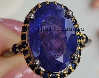 Natural Tanzanite & Sapphire Ring, 925 Sterling Silver Women Fashion Handmade Jewelry, Mother Birthday Gift