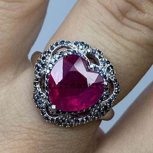 Natural Heart Cut Ruby & Diamond Sterling 925 Silver Ring, Handmade Fashion Jewelry, Bestfriend Gift