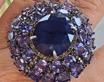 Natural Sapphire Handmade Ring, 925 Sterling Silver, Tanzanite & Pave Diamond Gemstone Ring, Christmas Gift