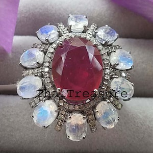 Natural Ruby, Moonstone Gemstone & Diamond Ring, Sterling 925 Silver, Bridal Wedding Gift