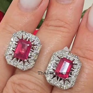 Natural Ruby & Diamond Studs, Sterling 925 Silver Handmade Women's Earrings, Engagement Anniversary Jewelry