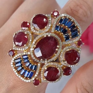 Natural Ruby, Sapphire & Diamond Statement Ring, 925 Sterling Silver Multi Stone Cocktail Jewelry
