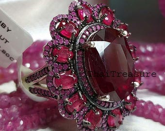 Natural Ruby Gemstone Rhodium Plated Sterling 925 Silver Ring, Handmade Statement Jewelry, Anniversary Gift