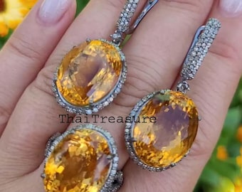 Natural Citrine & Diamond Sterling 925 Silver Jewelry Set, Handmade Ring Earrings, Bridesmaid Wedding Gift