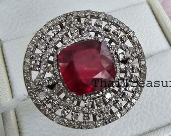 Natural Solitaire Ruby & Diamond Sterling 925 Silver Ring, July Birthstone Jewelry, Gift for Her