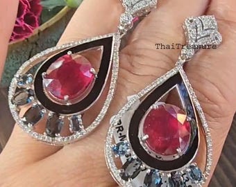 Natural Ruby, Sapphire & Diamond with Enamel Dangle Earrings, Sterling 925 Silver, Bridal Shower Jewelry