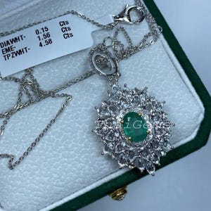 Luxury Emerald Pendant Rose Cut Topaz & Diamond, 925 Sterling Silver, Fine Jewelry For Her